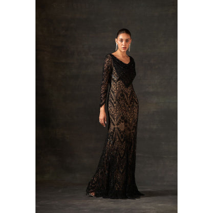 House of Exotique Black Lace Embroidery Gown