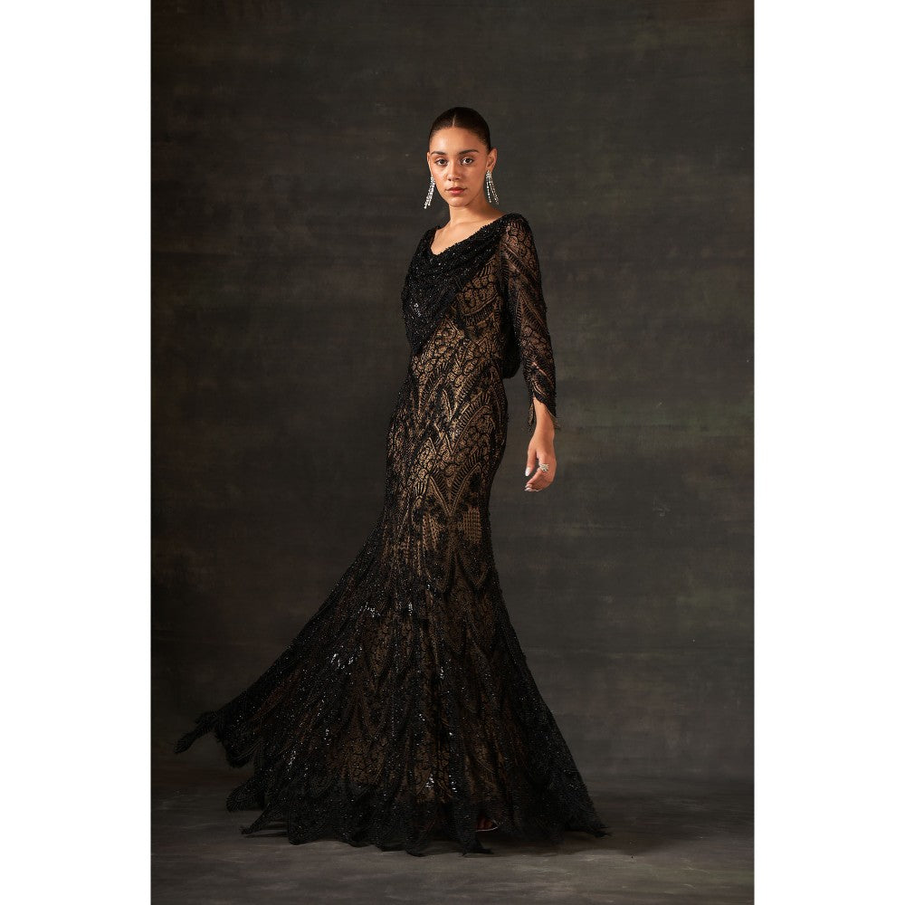 House of Exotique Black Lace Embroidery Gown
