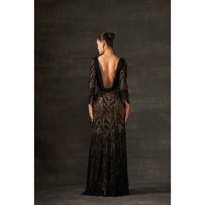 House of Exotique Black Lace Embroidery Gown