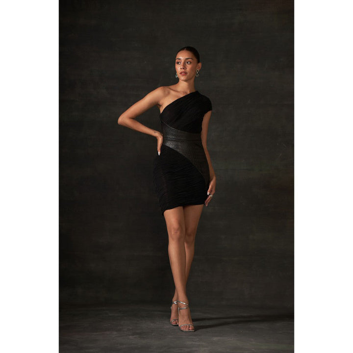 House of Exotique Black Drape Dress with Leatherette Detailing