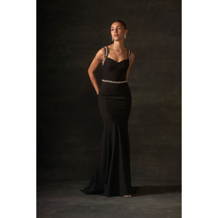 House of Exotique Black Long Dress with Stones Detailing