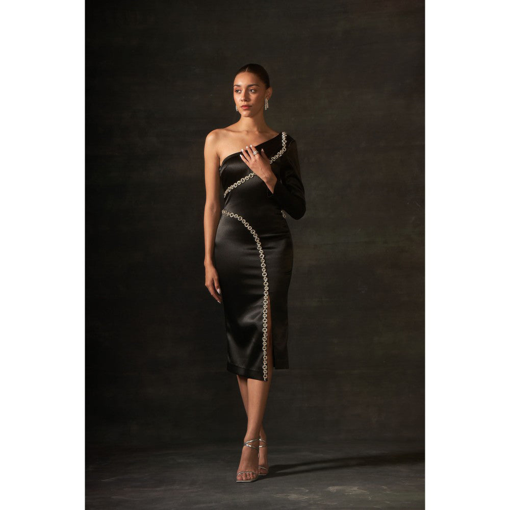 House of Exotique Black Fitted One Shoulder Dresses with Silver Chain Detailing