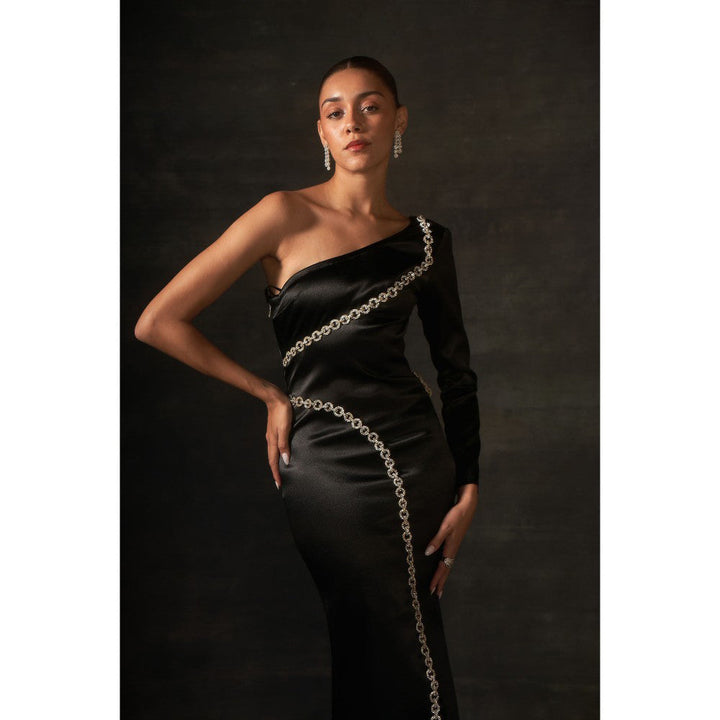 House of Exotique Black Fitted One Shoulder Dresses with Silver Chain Detailing