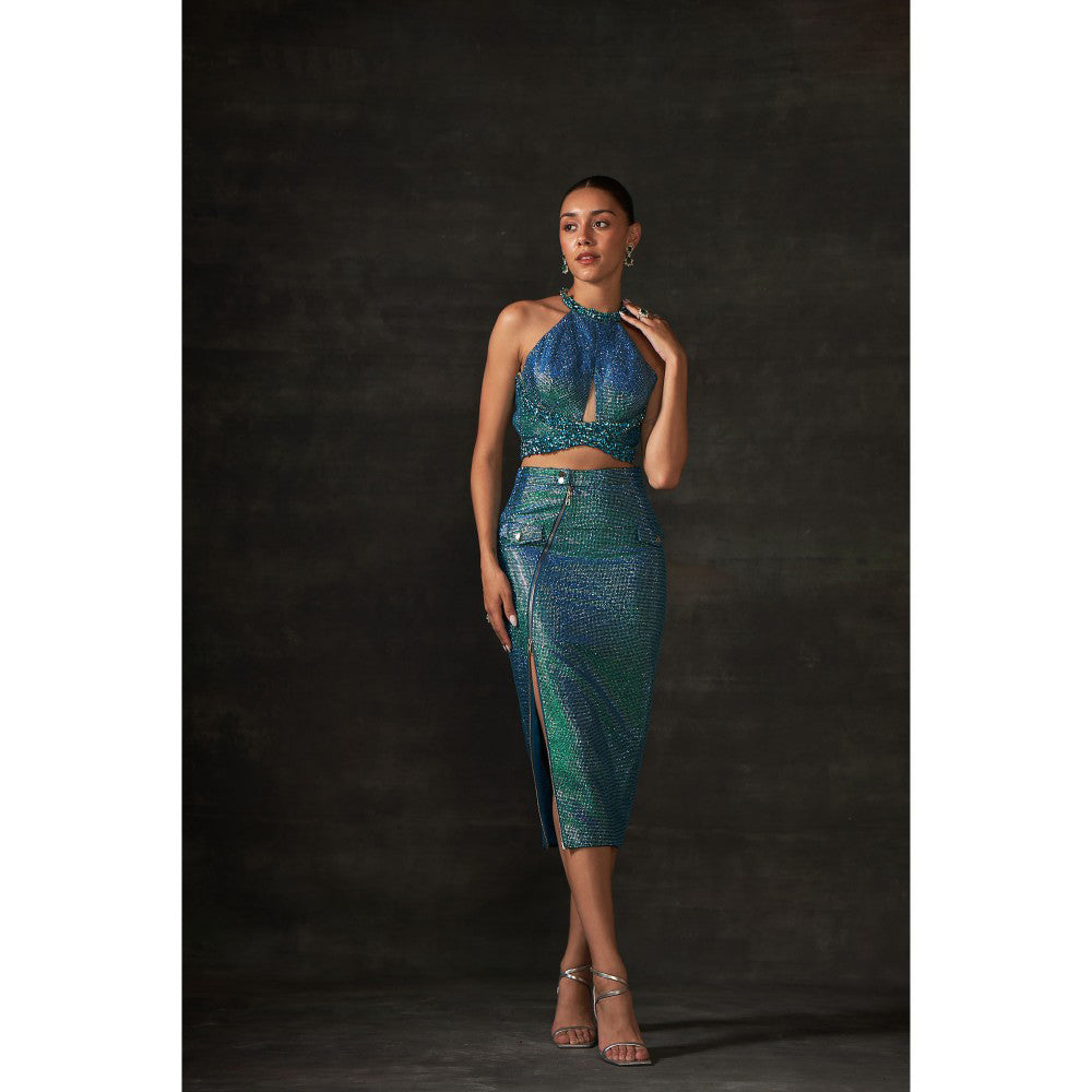 House of Exotique Peacock Blue Swarovski Halter Neck Top with Fitted Pencil Skirt (Set of 2)