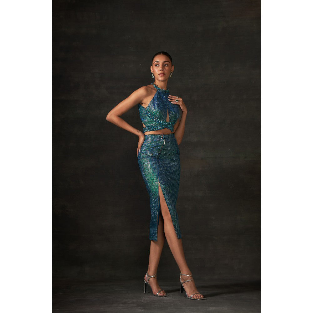 House of Exotique Peacock Blue Swarovski Halter Neck Top with Fitted Pencil Skirt (Set of 2)