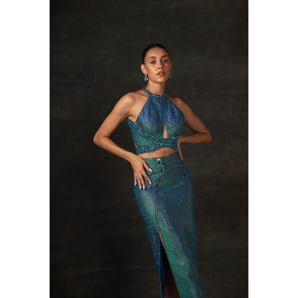 House of Exotique Peacock Blue Swarovski Halter Neck Top with Fitted Pencil Skirt (Set of 2)