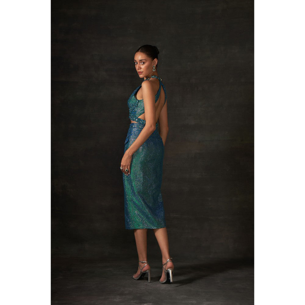 House of Exotique Peacock Blue Swarovski Halter Neck Top with Fitted Pencil Skirt (Set of 2)