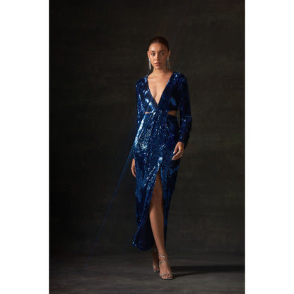 House of Exotique Blue Sequins Dress with Beautiful Side Waist Cut Outs and Deep V Neckline