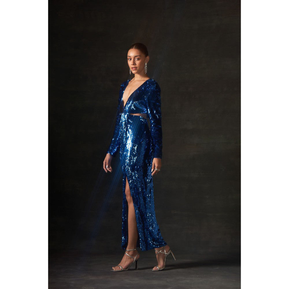 House of Exotique Blue Sequins Dress with Beautiful Side Waist Cut Outs and Deep V Neckline