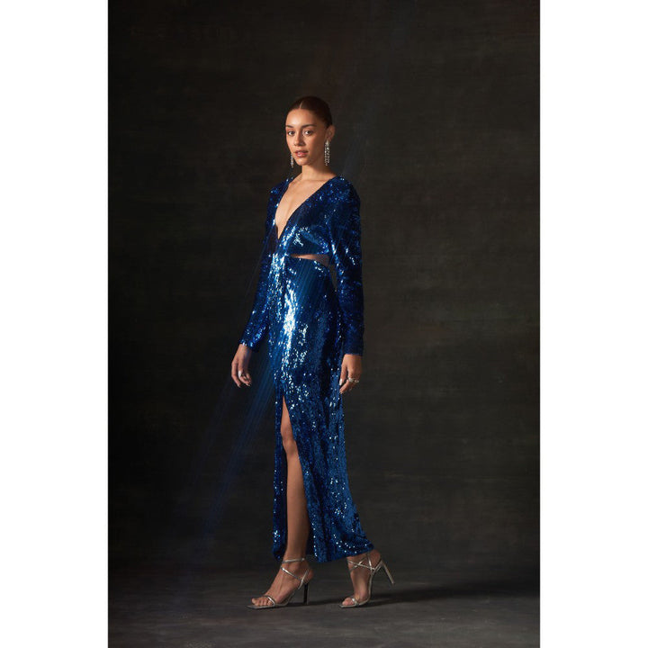 House of Exotique Blue Sequins Dress with Beautiful Side Waist Cut Outs and Deep V Neckline