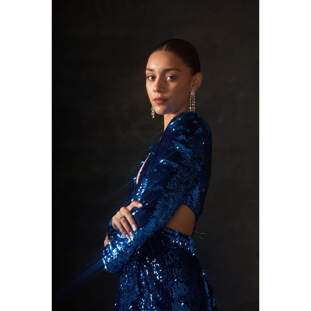 House of Exotique Blue Sequins Dress with Beautiful Side Waist Cut Outs and Deep V Neckline