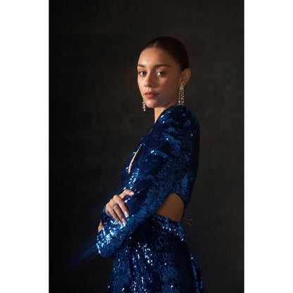 House of Exotique Blue Sequins Dress with Beautiful Side Waist Cut Outs and Deep V Neckline