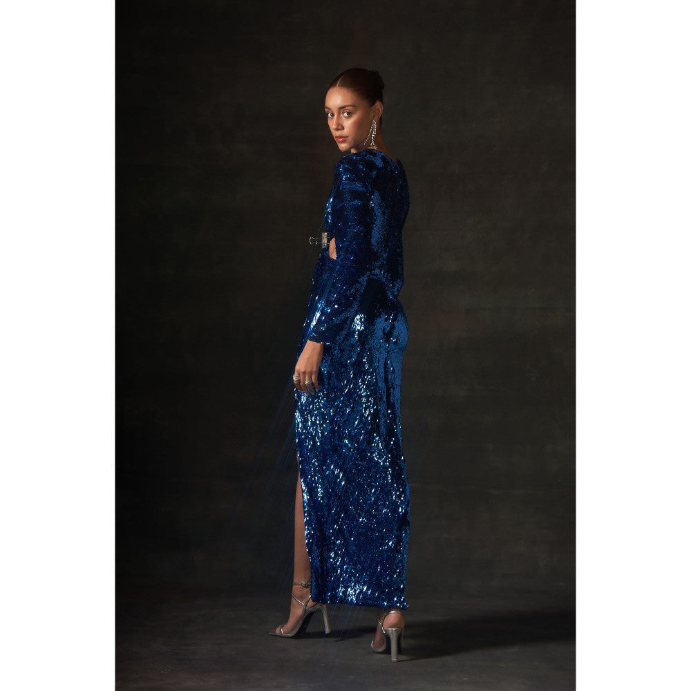 House of Exotique Blue Sequins Dress with Beautiful Side Waist Cut Outs and Deep V Neckline