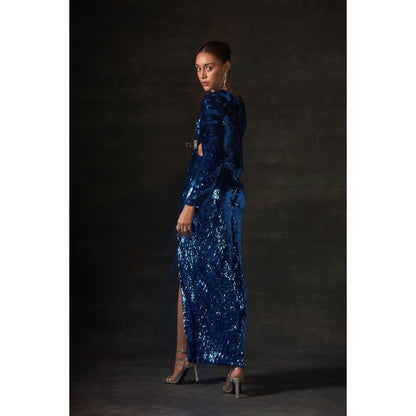 House of Exotique Blue Sequins Dress with Beautiful Side Waist Cut Outs and Deep V Neckline