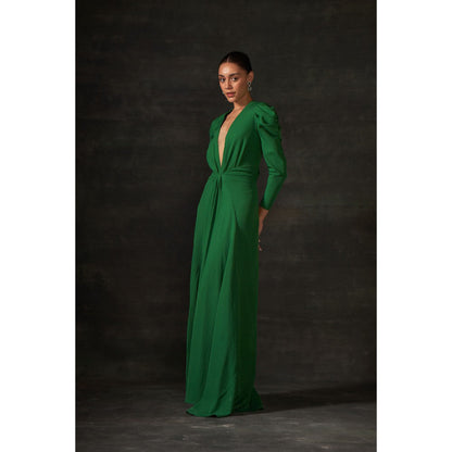 House of Exotique Green Long Drape Dress with A Plunging Neckline