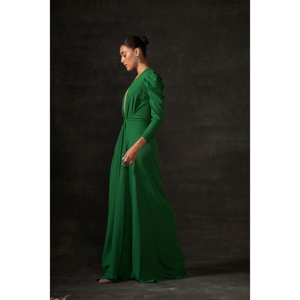 House of Exotique Green Long Drape Dress with A Plunging Neckline