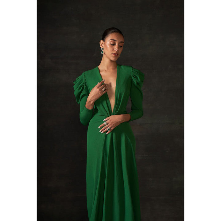 House of Exotique Green Long Drape Dress with A Plunging Neckline