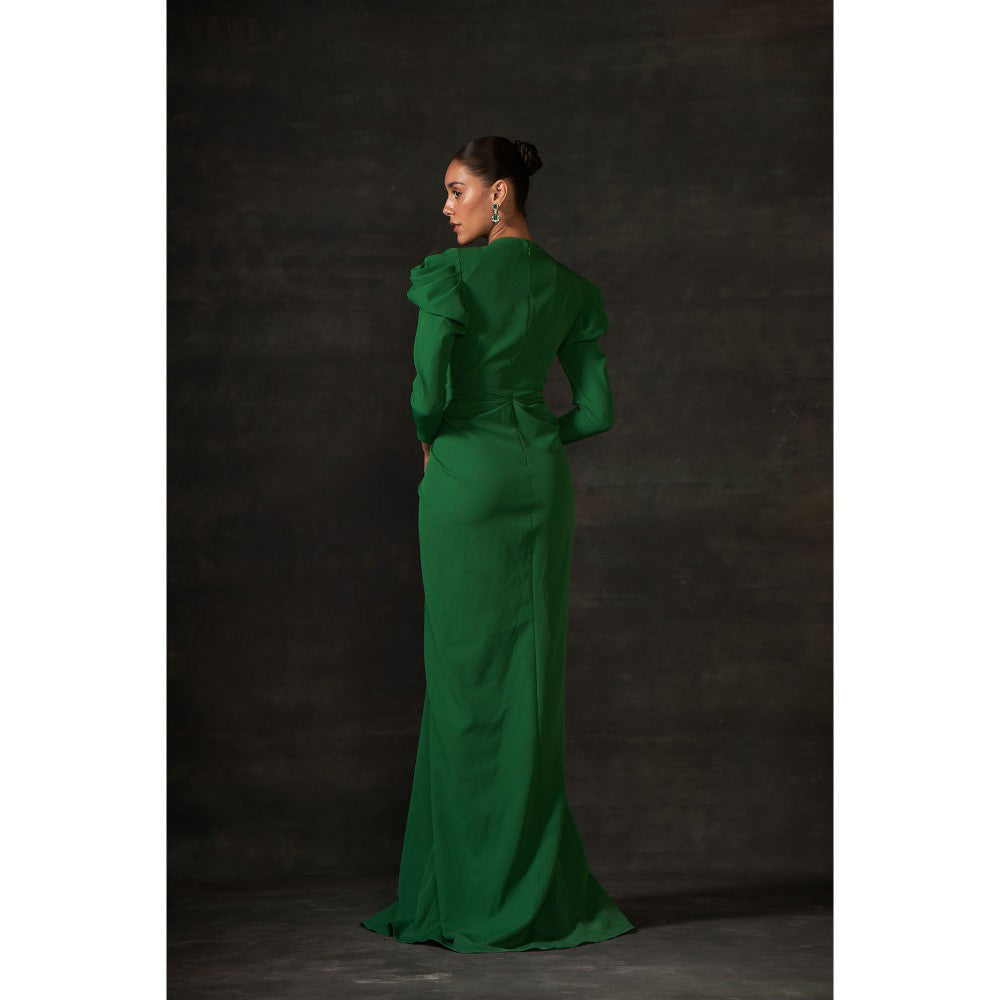 House of Exotique Green Long Drape Dress with A Plunging Neckline