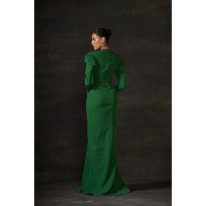 House of Exotique Green Long Drape Dress with A Plunging Neckline