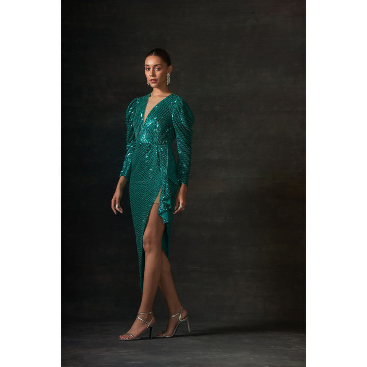 House of Exotique Green Sequin Hand Embraided Drape Dress and A V Neckline