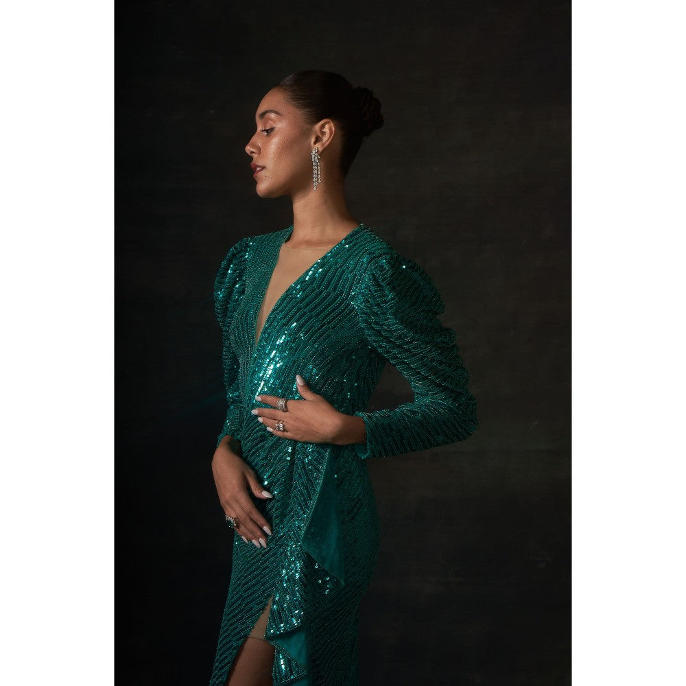 House of Exotique Green Sequin Hand Embraided Drape Dress and A V Neckline