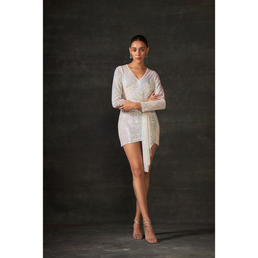 House of Exotique Ivory Sequin Hand Embellished Drape Dress