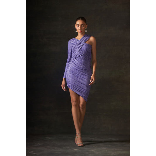 House of Exotique Lilac Swarovski One Shoulder Drape Dress