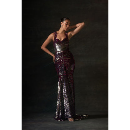 House of Exotique Pink and Gold Sequin Long Gown