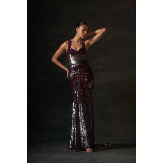 House of Exotique Pink and Gold Sequin Long Gown