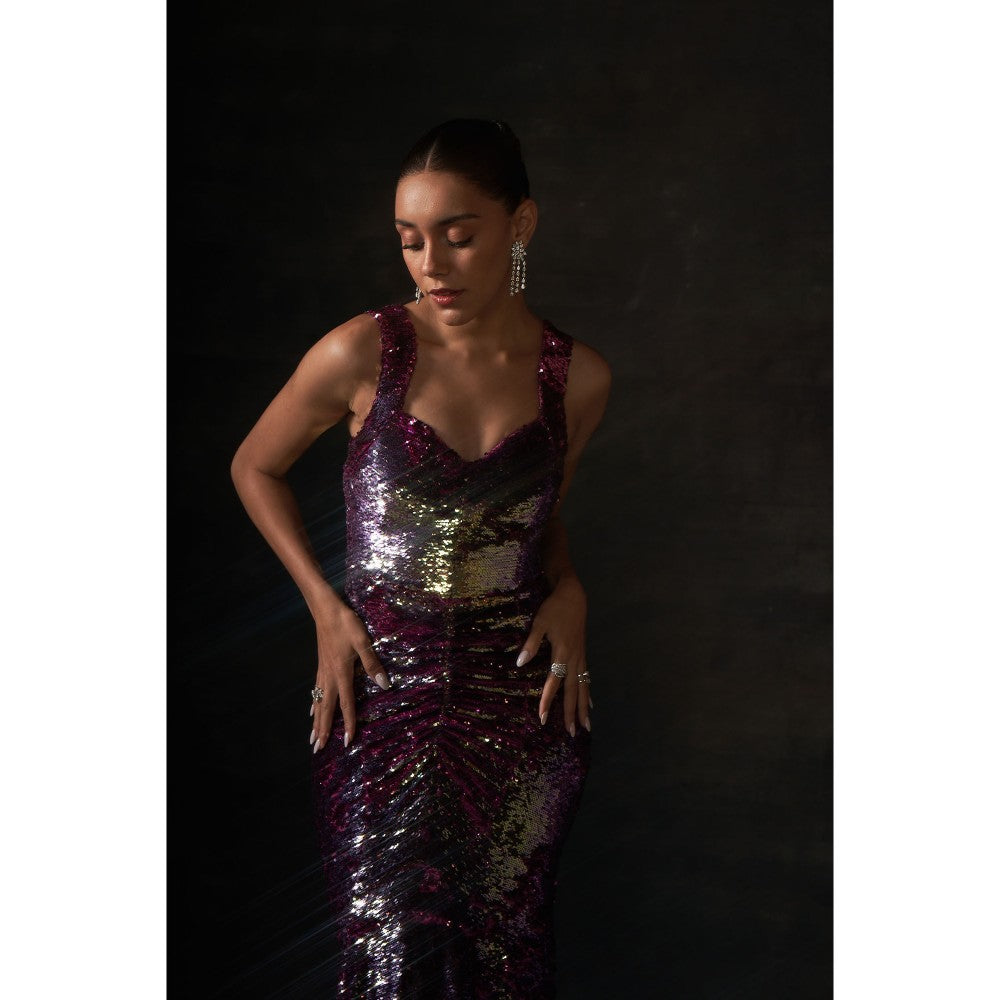 House of Exotique Pink and Gold Sequin Long Gown