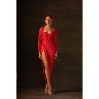 House of Exotique Neon Pink Long Swarovski Drape Dress with A Thigh High Slit