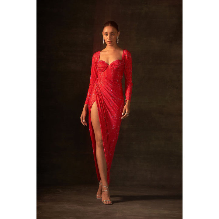 House of Exotique Neon Pink Long Swarovski Drape Dress with A Thigh High Slit