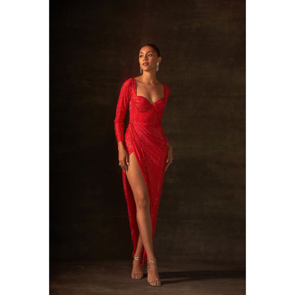 House of Exotique Neon Pink Long Swarovski Drape Dress with A Thigh High Slit