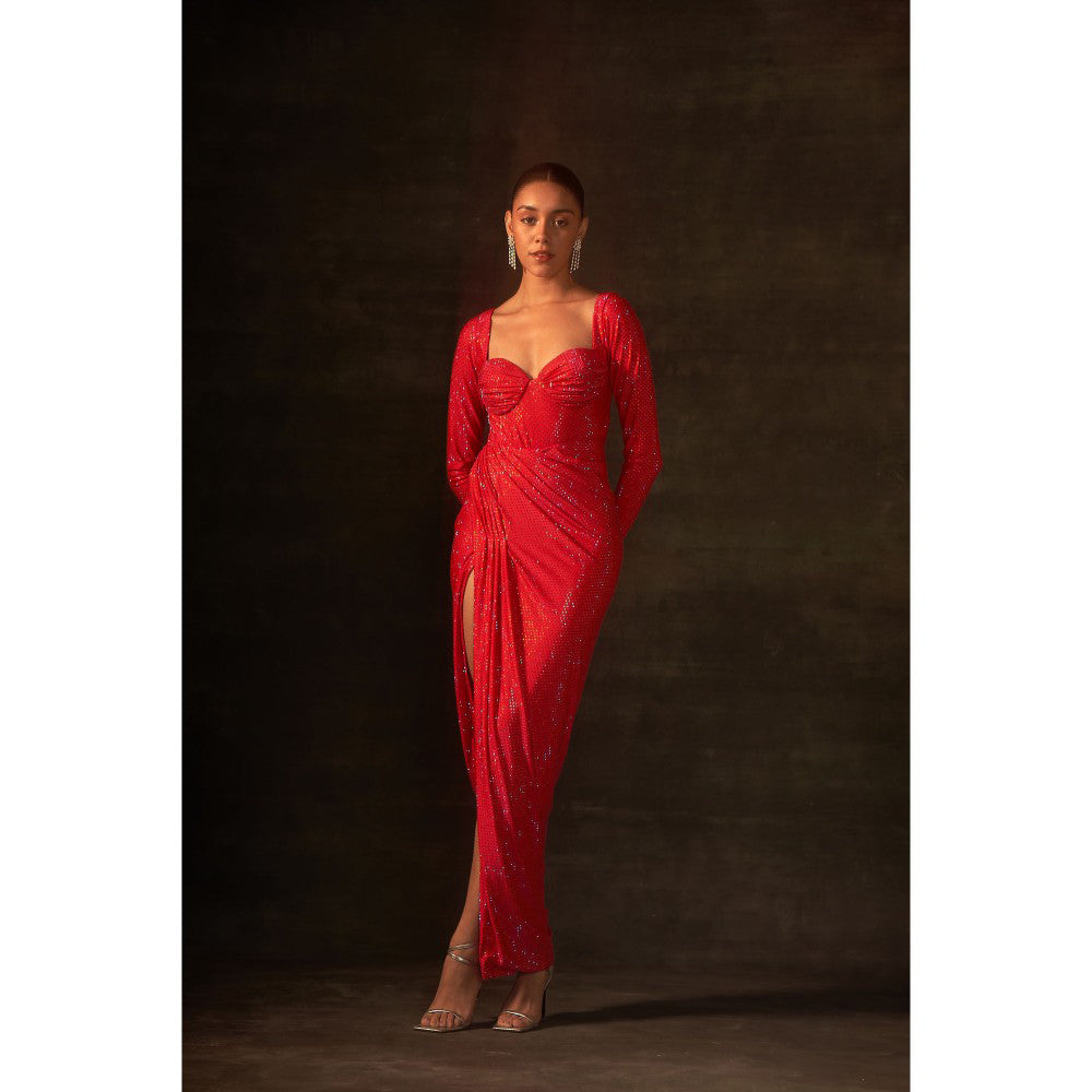 House of Exotique Neon Pink Long Swarovski Drape Dress with A Thigh High Slit