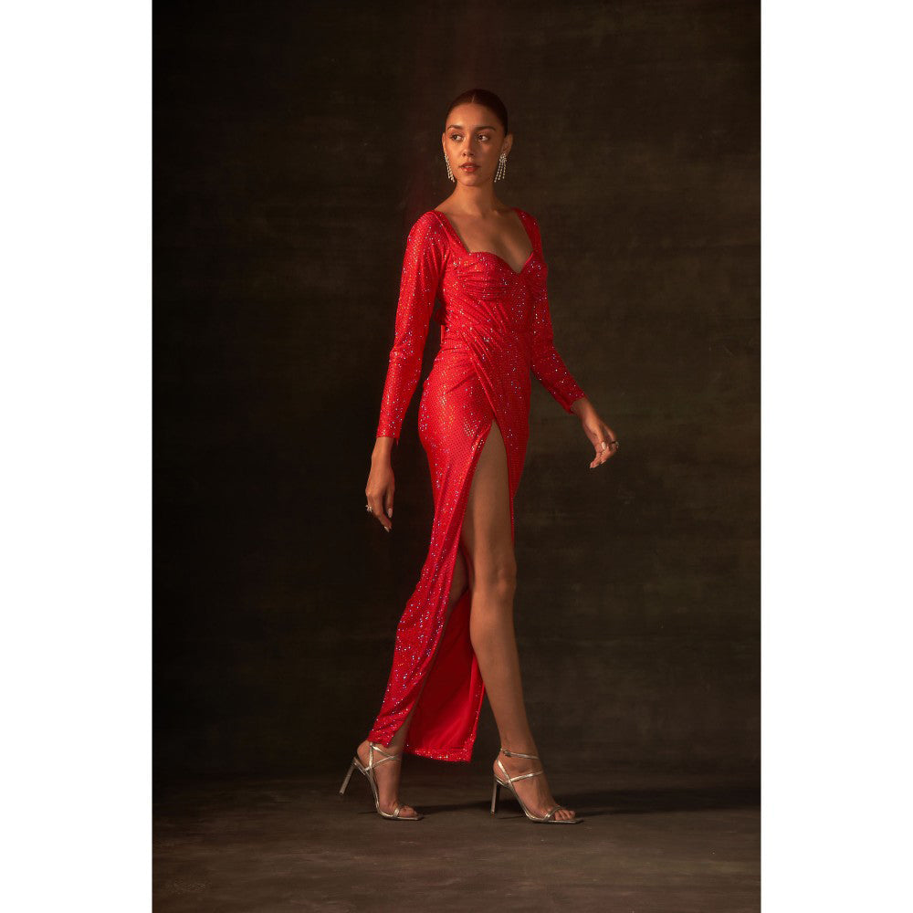 House of Exotique Neon Pink Long Swarovski Drape Dress with A Thigh High Slit