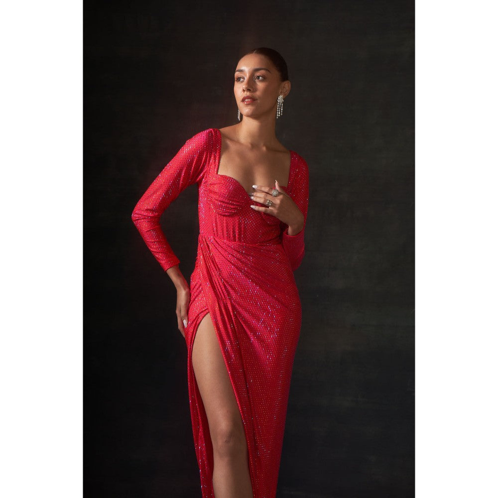 House of Exotique Neon Pink Long Swarovski Drape Dress with A Thigh High Slit