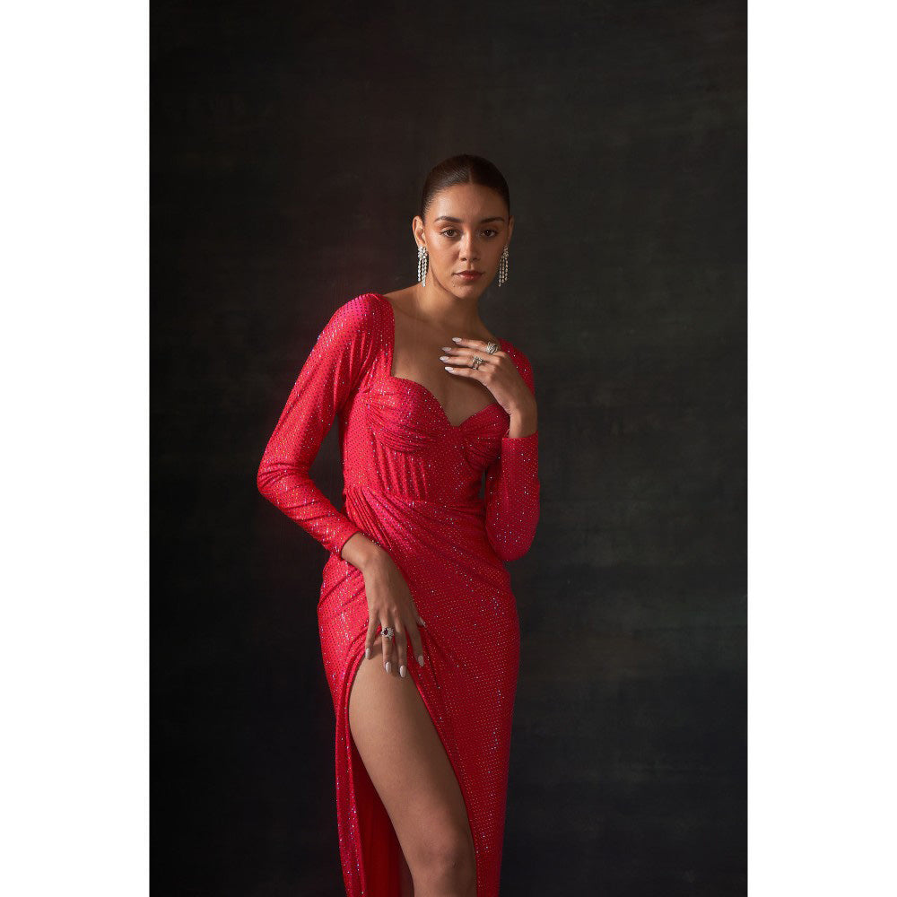 House of Exotique Neon Pink Long Swarovski Drape Dress with A Thigh High Slit