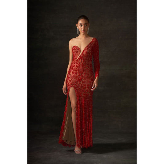 House of Exotique Red Round Neck Embraided Gown