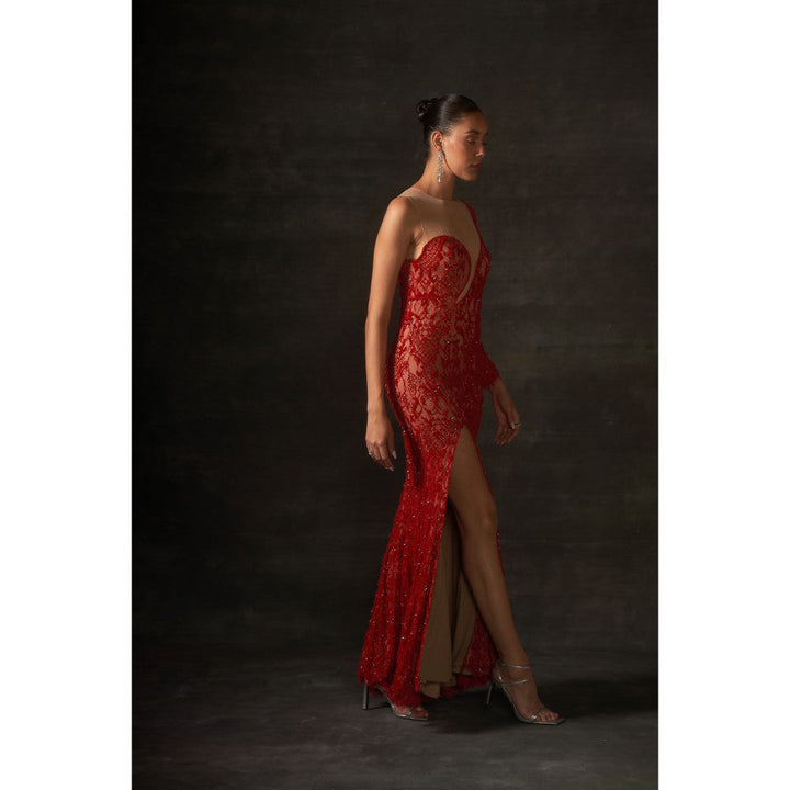 House of Exotique Red Round Neck Embraided Gown