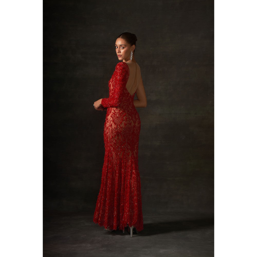 House of Exotique Red Round Neck Embraided Gown