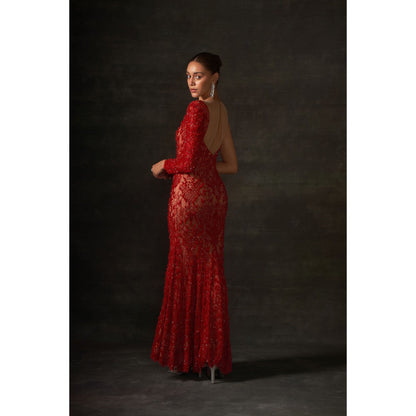 House of Exotique Red Round Neck Embraided Gown