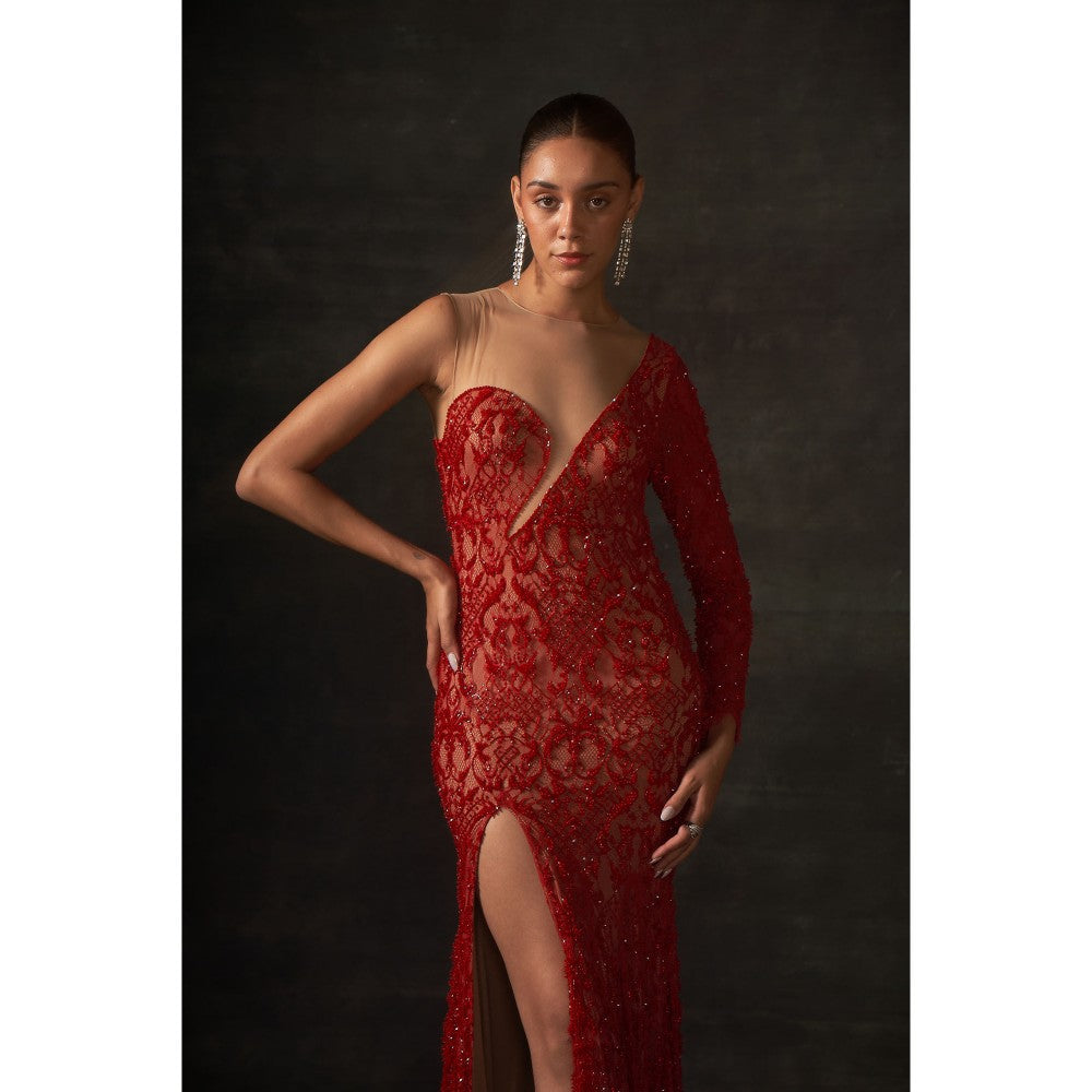 House of Exotique Red Round Neck Embraided Gown