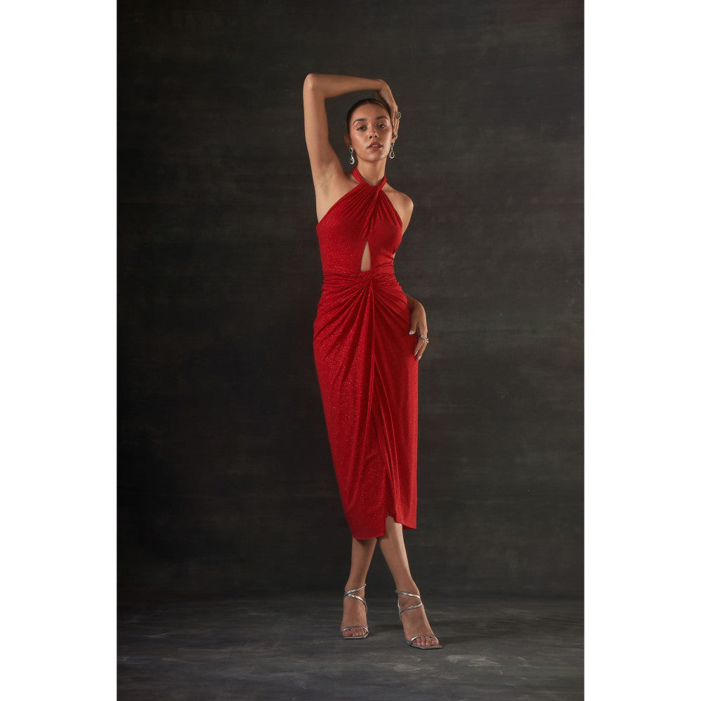 House of Exotique Red Calf Lenth Halter Neck Dress