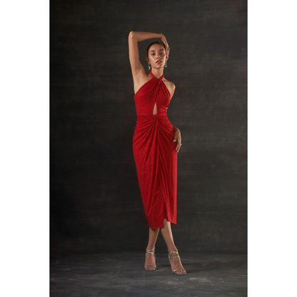 House of Exotique Red Calf Lenth Halter Neck Dress