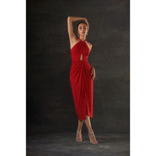 House of Exotique Red Calf Lenth Halter Neck Dress