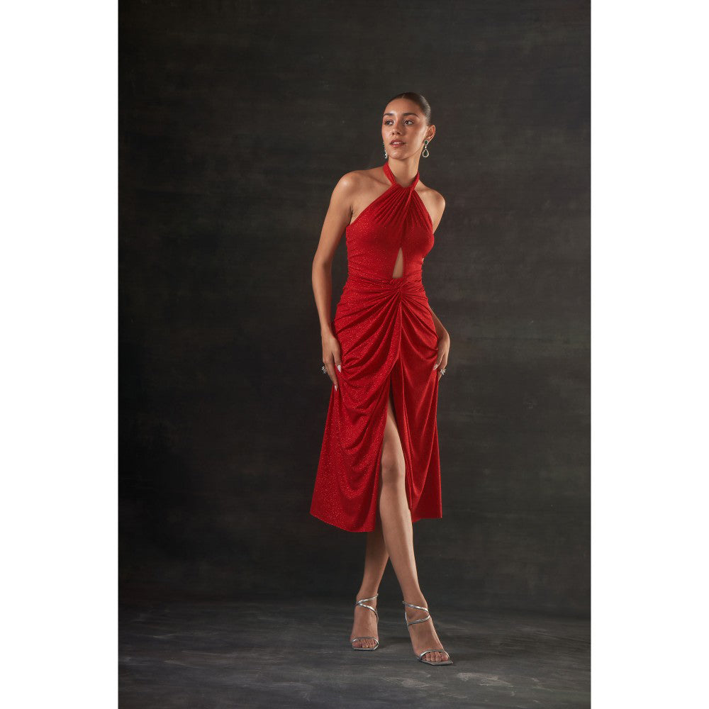House of Exotique Red Calf Lenth Halter Neck Dress