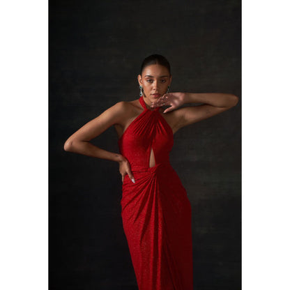 House of Exotique Red Calf Lenth Halter Neck Dress