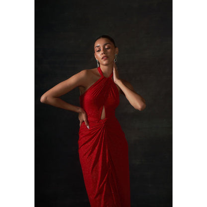 House of Exotique Red Calf Lenth Halter Neck Dress