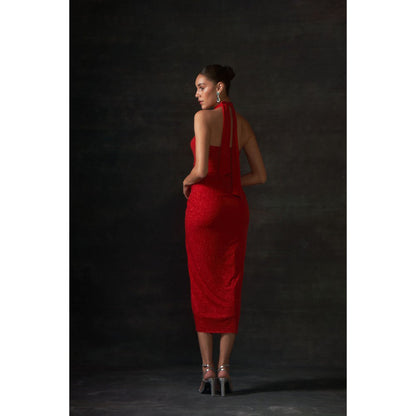 House of Exotique Red Calf Lenth Halter Neck Dress
