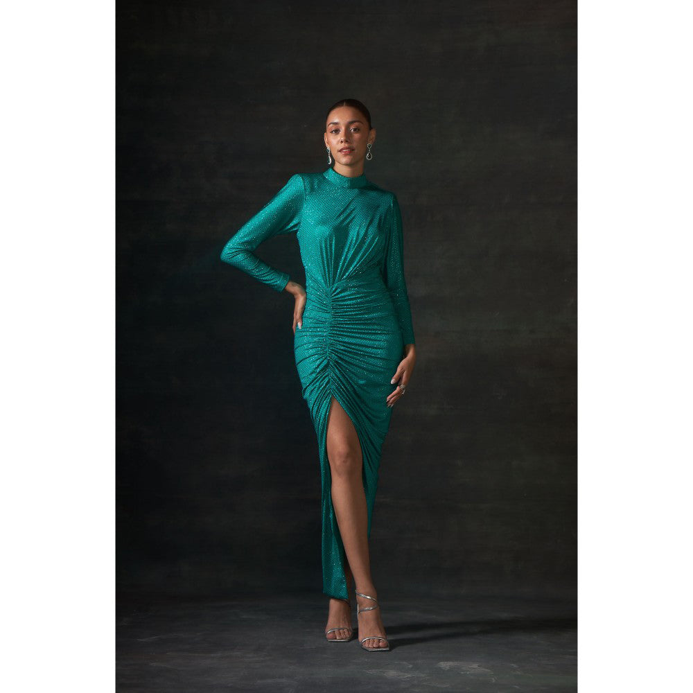 House of Exotique Green Long Swarovski Drape Dress with A Side Slit